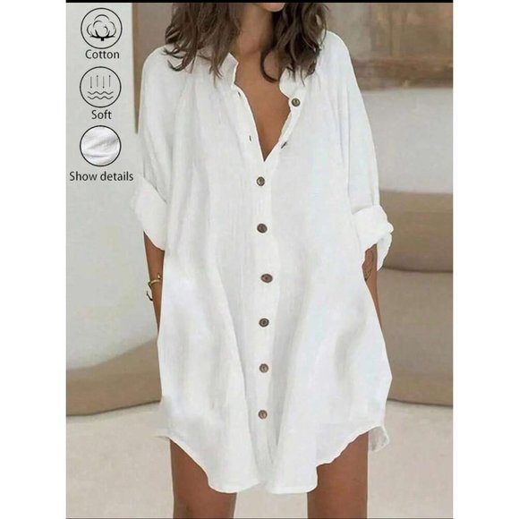 Button down casual Boho shirt dress white semi sheer - Picture 1 of 3